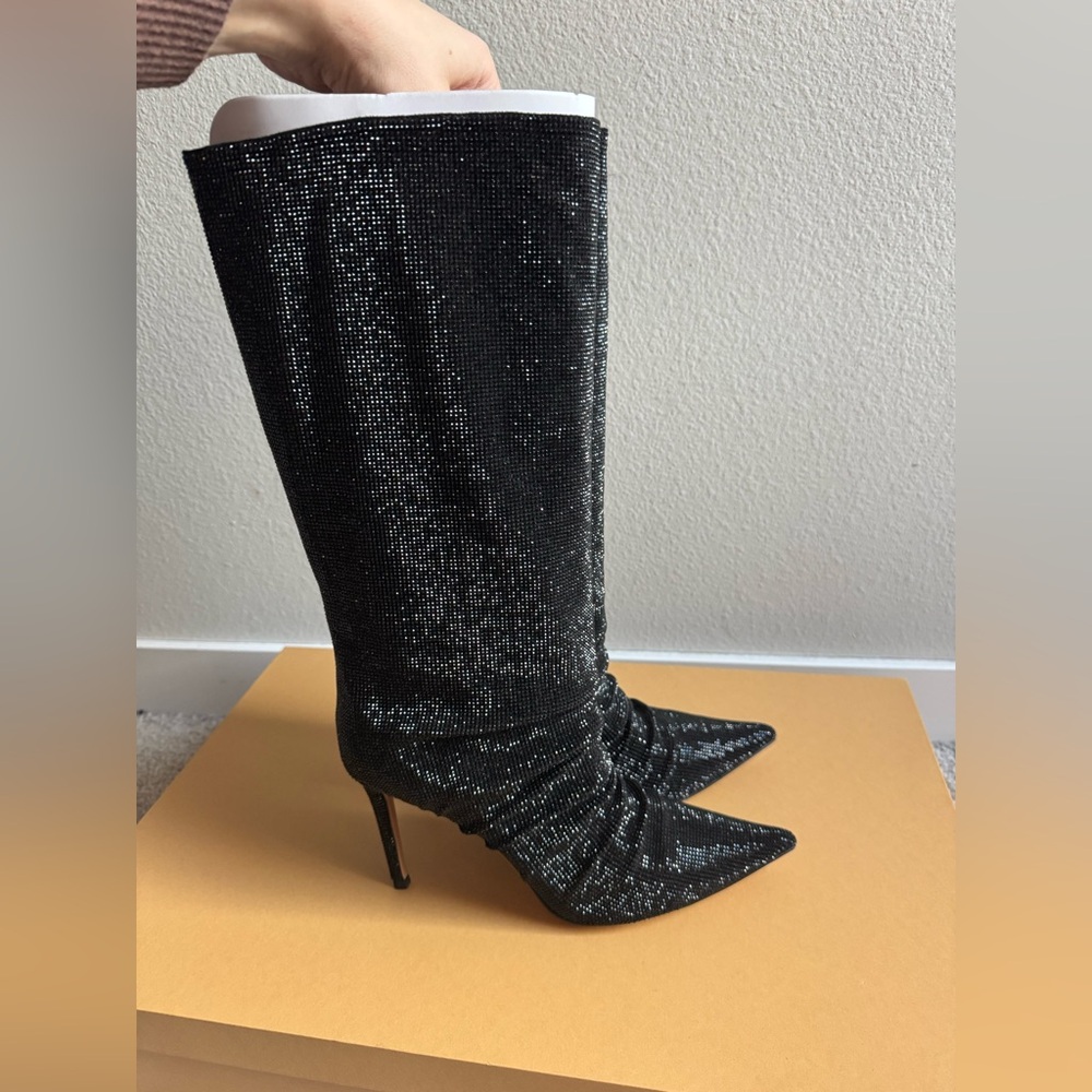 Rare Lola Cruz Fayet Rhinestone Bling Black Stiletto Point Toe Boots size 41 - Picture 6 of 12